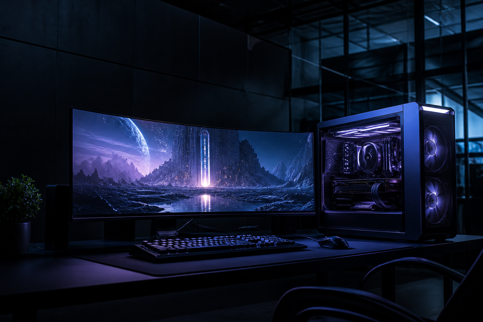 Futurisztikus PC gamer munkaállomás ultraszéles monitorral és kék-lila megvilágítással